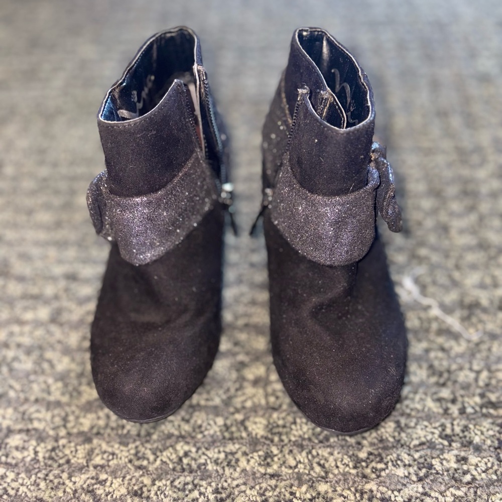 Nina Kids Black Glitter Bow Ankle Boots Size 13 Girls Zip Up Dressy Shoes